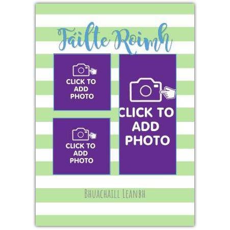 Personalised Welcome Baby Boy As Gaeilge Photo Upload Card with Green Stripes