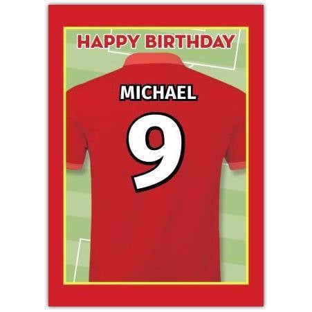 Personalised Red Football Shirt Birthday Card with Number and Name Customisation