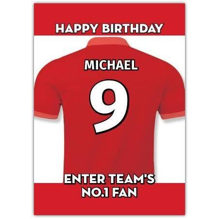 Personalised Red Football No 1 Fan Birthday Card with Name and Number Options