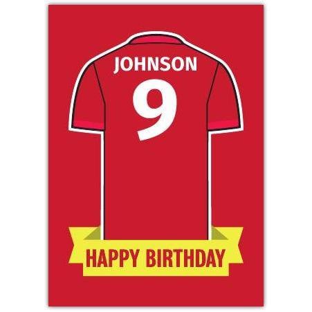 Personalised Red Football Jersey Happy Birthday Card with Name and Number
