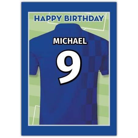 Personalised Football Shirt Birthday Card with Name and Number on Blue Pitch Background