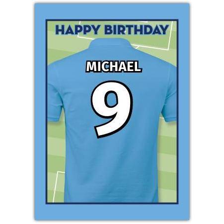 Personalised Light Blue Football Shirt Birthday Card with Number and Name Option