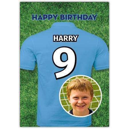 Personalised Light Blue Football Jersey Photo Upload Birthday Card