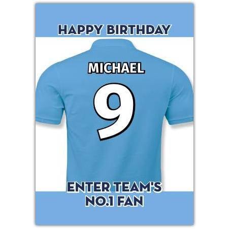 Personalised Light Blue Football No 1 Fan Birthday Card with Custom Name and Number