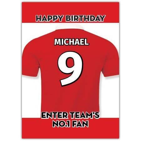 Personalised Red Football Birthday Card No 1 Fan Jersey Number and Name Option