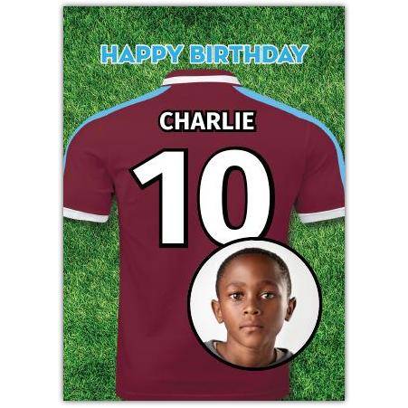 Personalised Football Birthday Card with Custom Name Number and Photo on Maroon Jersey