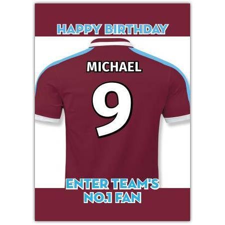 Personalised No.1 Football Fan Birthday Card with Custom Name and Number in Claret and Blue