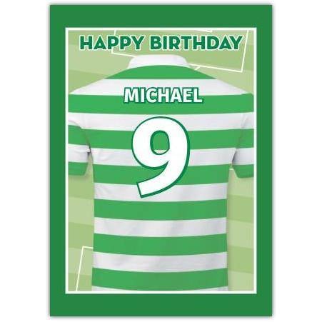 Personalised Green Striped Football Shirt Birthday Card with Custom Name and Number
