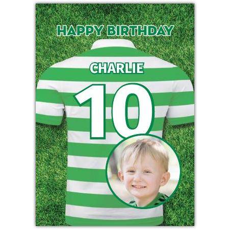 Personalised Green Football Jersey Birthday Card with Photo and Age Number