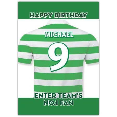 Personalised Green and White Football Jersey No 1 Fan Birthday Card