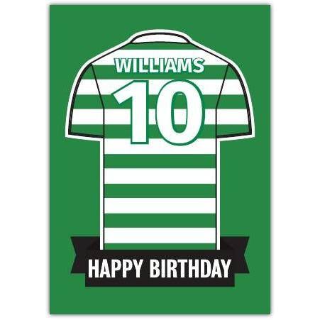 Personalised Green and White Football Jersey Happy Birthday Card with Name and Number