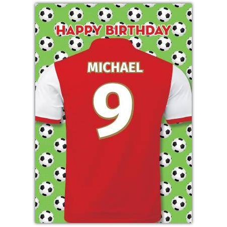 Personalised Football Birthday Card with Red Jersey and Soccer Ball Background