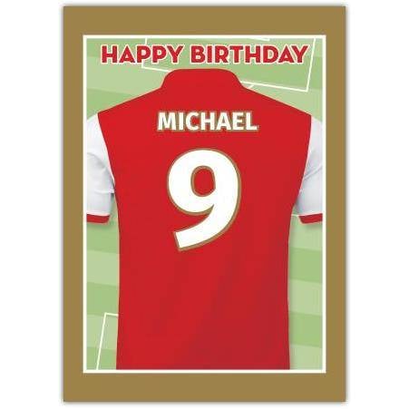 Personalised Football Jersey Birthday Card with Name and Number on Pitch Background
