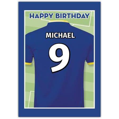 Personalised Blue Football Shirt Birthday Card with Name and Number on Pitch Background