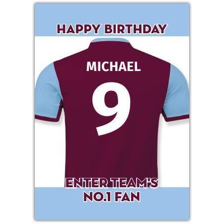 Personalised Football No 1 Fan Birthday Card with Name and Number in Purple and Blue