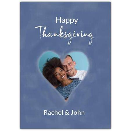 Personalised Happy Thanksgiving Photo Card with Heart Frame on Blue Background