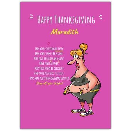 Personalised Funny Thanksgiving Card with Fitness Cartoon and Custom Name on Pink Background