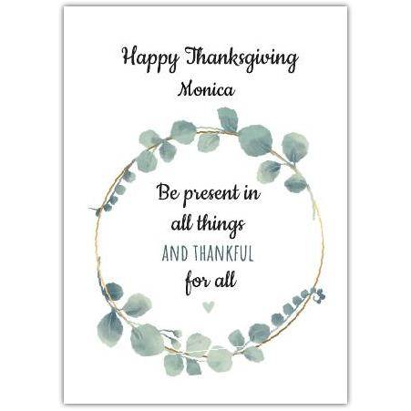 Personalised Happy Thanksgiving Card with Watercolour Eucalyptus Wreath and Inspirational Message