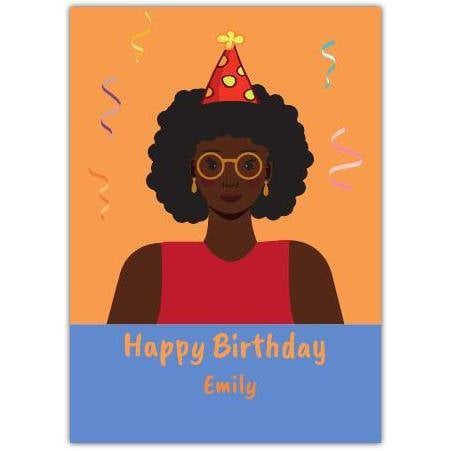 Personalised Happy Birthday Card with Afro Woman Wearing Party Hat and Confetti Design
