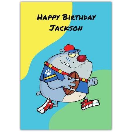 Personalised Boys Birthday Card Blue Bulldog Playing Rugby Sports Theme