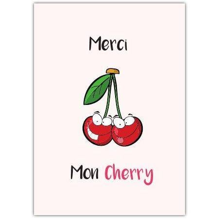 Merci Mon Cherry French Thank You Card with Cute Cartoon Cherries Design
