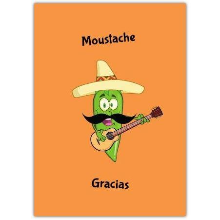 Funny Moustache Gracias Thank You Card with Cartoon Chili Pepper Playing Guitar