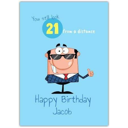 Personalised Humorous 21st Birthday Card Blue Cartoon Man with Sunglasses Design
