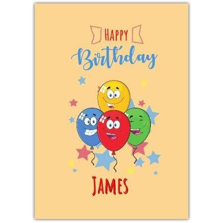 Personalised Happy Birthday Card with Colourful Cartoon Balloons and Stars