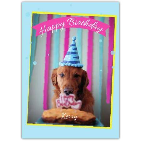 Personalised Happy Birthday Card with Dog Wearing Party Hat and Cake Design