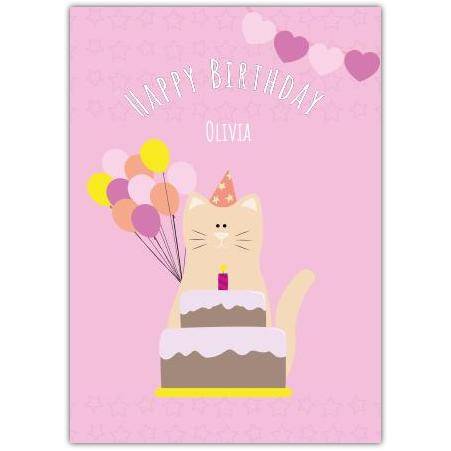 Personalised Pink Cat Birthday Card with Cake and Balloons for Children