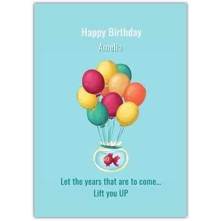 Personalised Happy Birthday Card with Colourful Balloons and Goldfish in Bowl Design