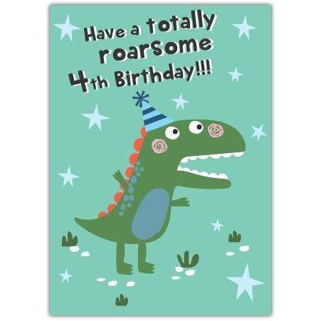 Funny Dinosaur 4th Birthday Card for Kids with Roarsome Party Hat Design