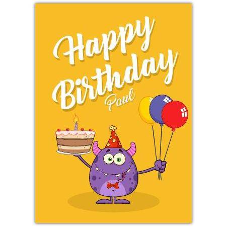 Personalised Happy Birthday Card with Cute Purple Monster Holding Cake and Balloons on Yellow Background