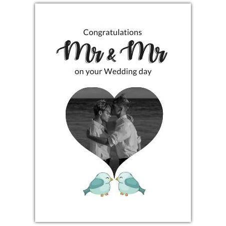 Mr and Mr Wedding Day Congratulations Card with Heart Photo and Bluebirds Design