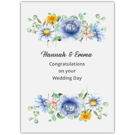 Personalised Floral Wedding Congratulations Card with Blue and Yellow Blooms for Couples