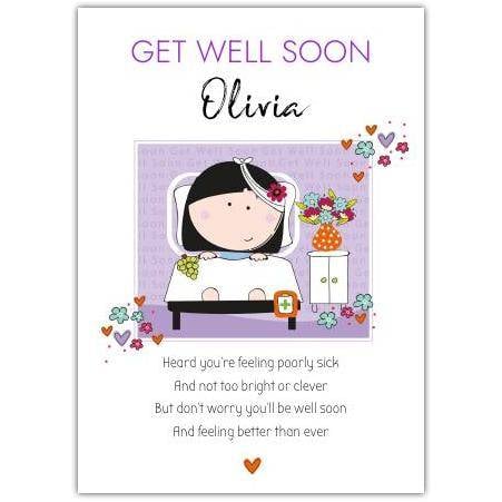 Personalised Get Well Soon Card for Olivia with Cute Bedside Illustration and Poem