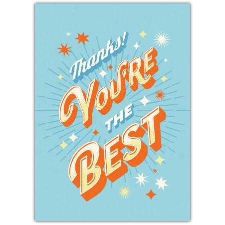 Thank You Card with Retro Typography and Bright Starbursts on Blue Background
