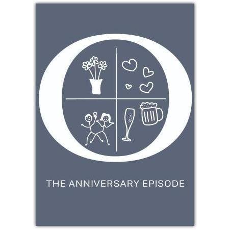 The Anniversary Episode Illustrated Anniversary Card with Hearts Flowers and Drinks