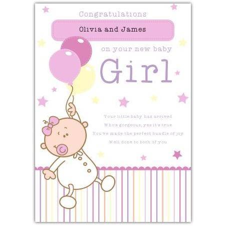 Personalised New Baby Girl Congratulations Card with Cute Baby and Balloons Design