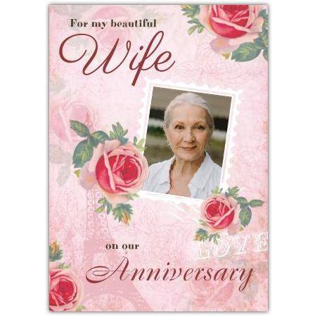 Personalised Beautiful Wife Anniversary Card with Photo and Rose Design