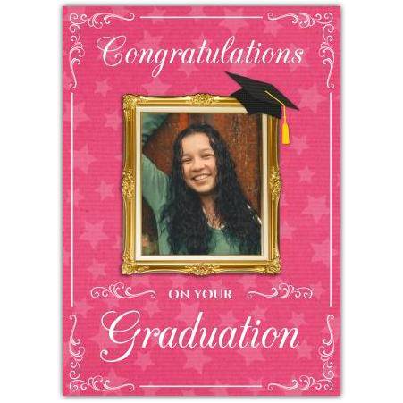 Personalised Congratulations Graduation Photo Card with Pink Frame and Cap Design
