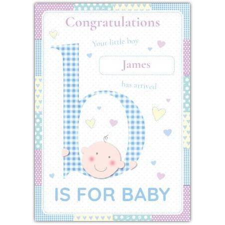 Personalised New Baby Boy Congratulations Card with Cute Baby and Letter B Design