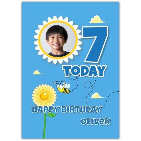 Personalised Age 7 Birthday Card for Boys with Photo Blue Daisy and Bee Design