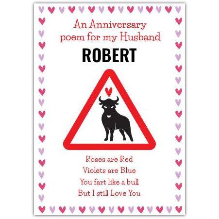 Personalised Husband Anniversary Card with Humorous Poem and Heart Border
