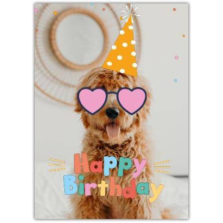 Cute Dog with Party Hat and Happy Birthday Text Colourful Birthday Card