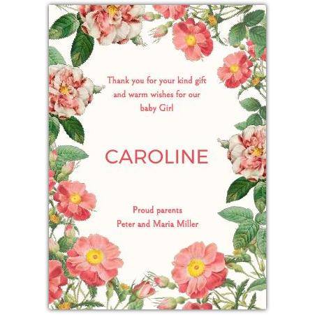 Personalised Thank You Card for Baby Girl Floral Design for New Parents