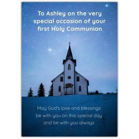 Personalised First Holy Communion Card with Church and Night Sky Design for Children