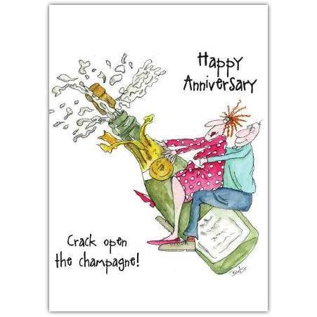 Happy Anniversary Card with Funny Couple Popping Champagne Bottle Celebration