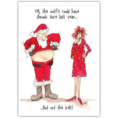 Funny Santa Christmas Card with Humorous Shrinking Outfit Cartoon Design