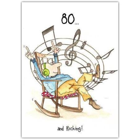80th Birthday Card with Rocking Chair and Music Notes Illustration